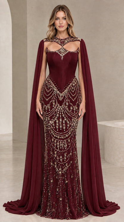 Burgundy wine red crystal embellished formal evening gown with cape drape