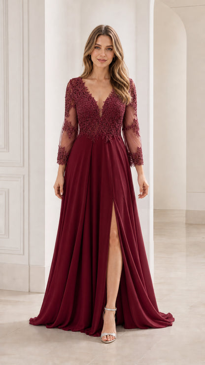 Full front view of the burgundy evening gown