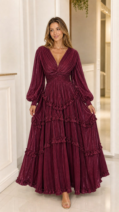 Front view of Burgundy wine pleated shimmer tiered maxi dress