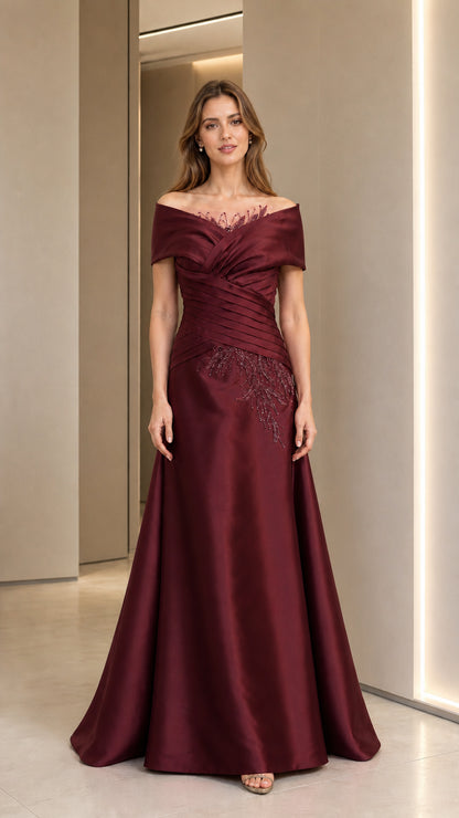 Front view of burgundy off-shoulder evening gown