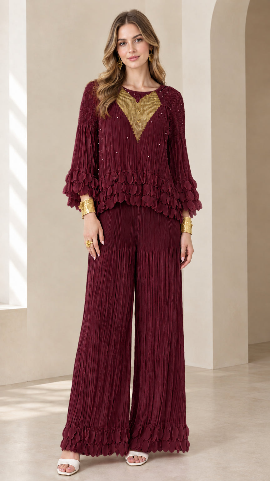 Burgundy wine crinkle pleated two-piece pant set with gold embroidery