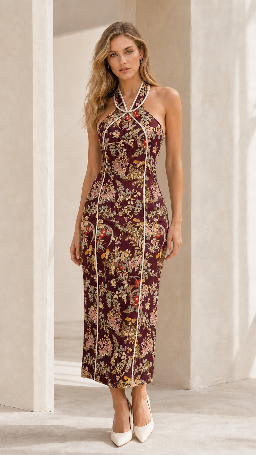 Model wearing burgundy floral print midi dress