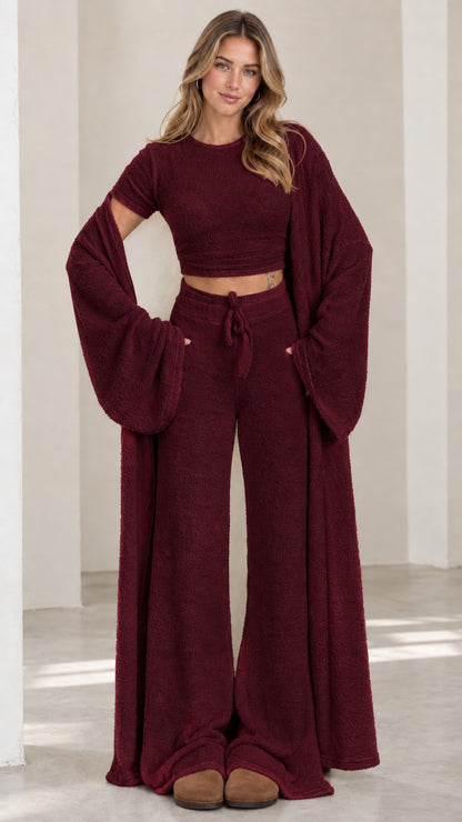 Burgundy wine 3-piece plush knit loungewear set