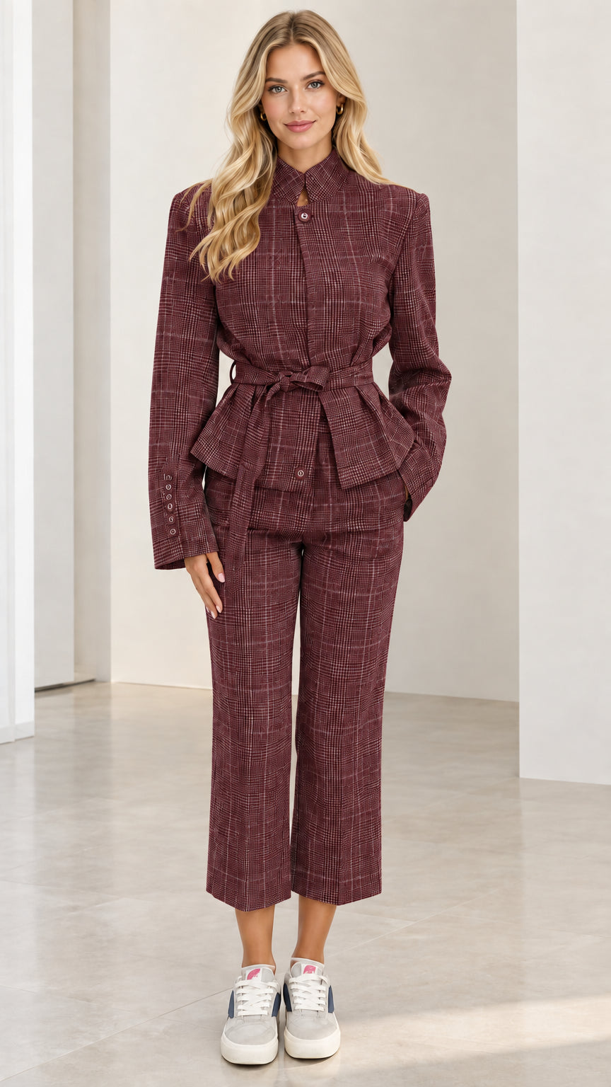 Full front view of Burgundy wine red plaid belted blazer and pant set
