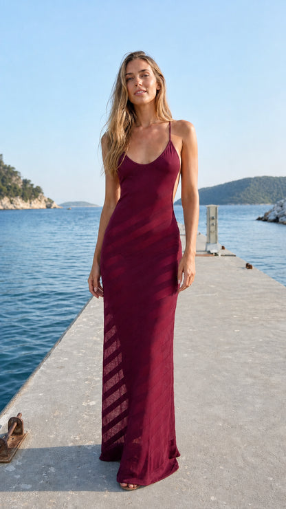 Front view of burgundy color variant of the open back maxi dress