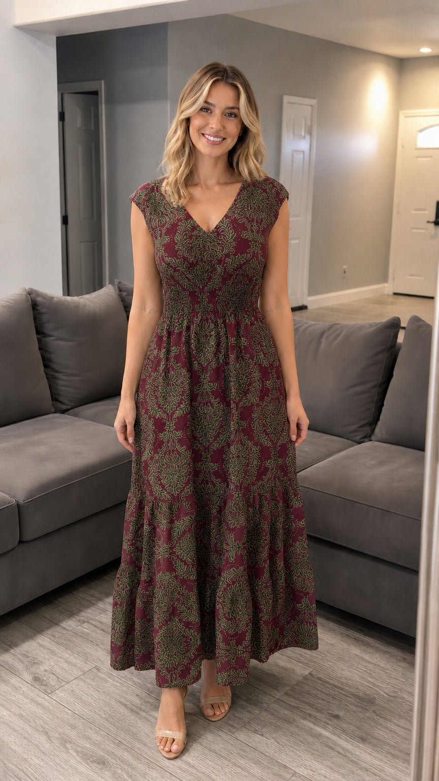 Burgundy damask print maxi dress on model