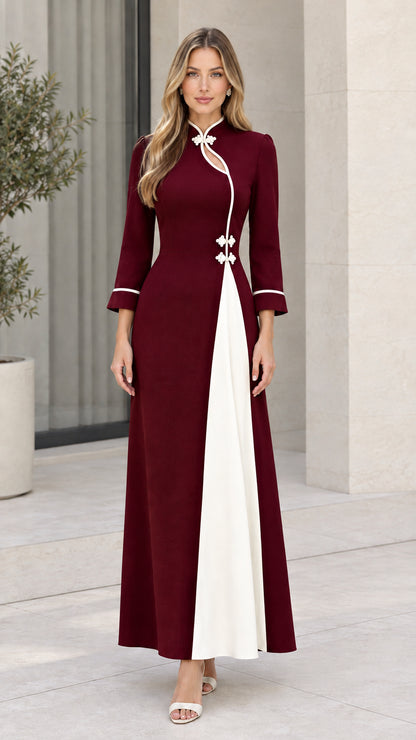 Burgundy wine red A-line maxi dress with cream contrast panel and 3/4 sleeves