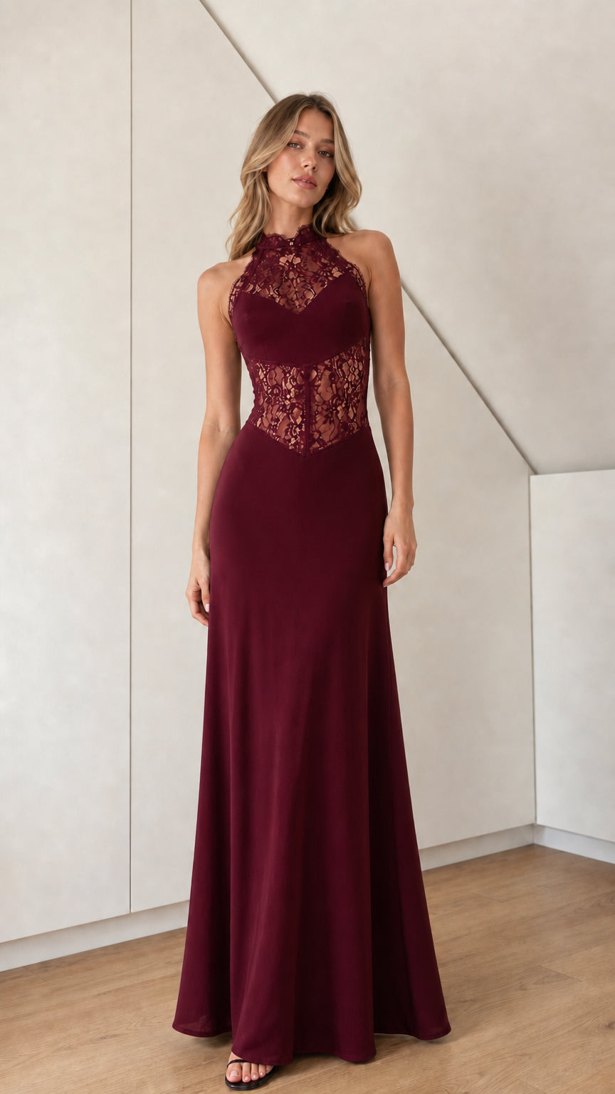 Burgundy red halter neck lace corset formal maxi dress