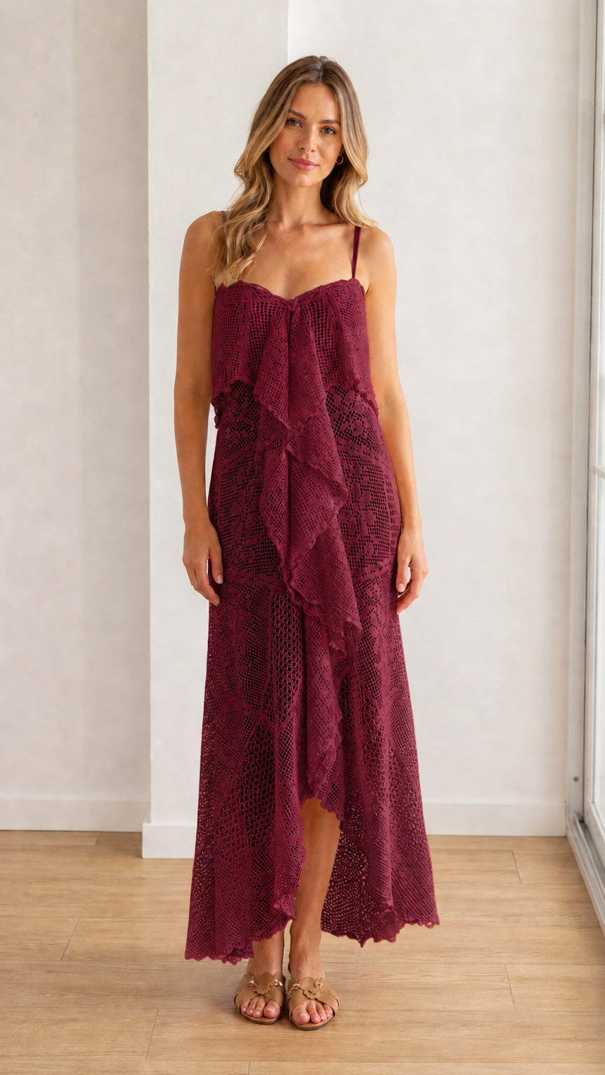 Model wearing burgundy crochet lace ruffle maxi dress