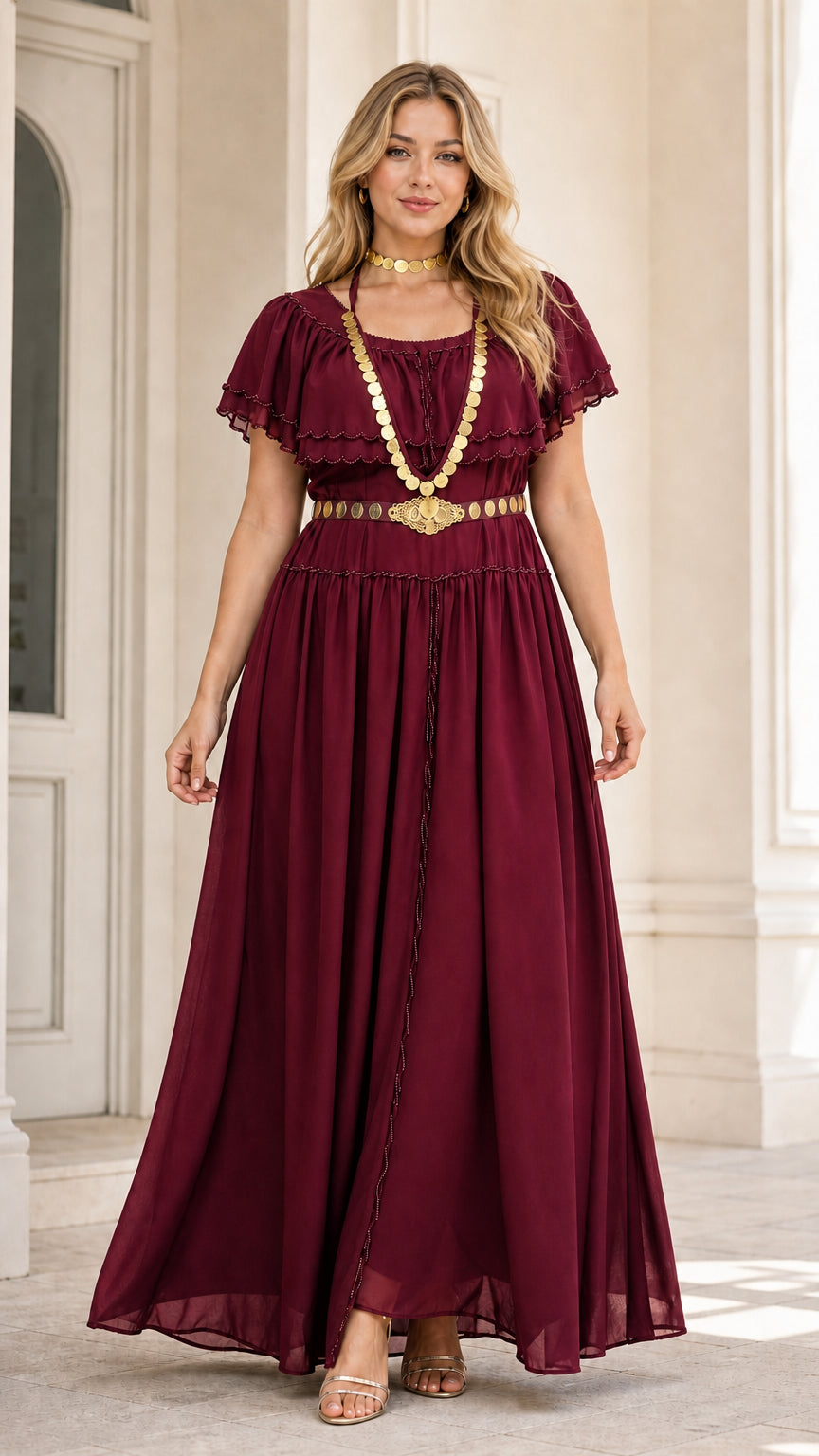 Model wearing burgundy wine red tiered ruffle maxi gown