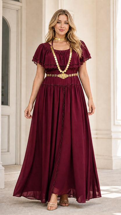 Model wearing burgundy wine red tiered ruffle maxi gown