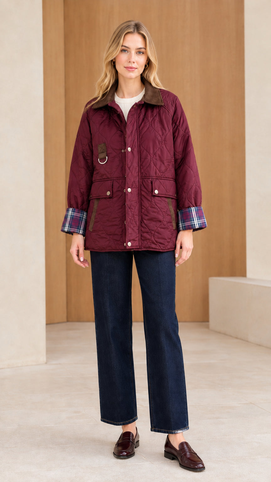 Front view of woman wearing burgundy wine red quilted barn jacket