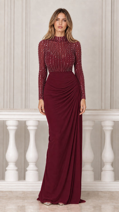 Burgundy variant of the embellished high neck maxi dress