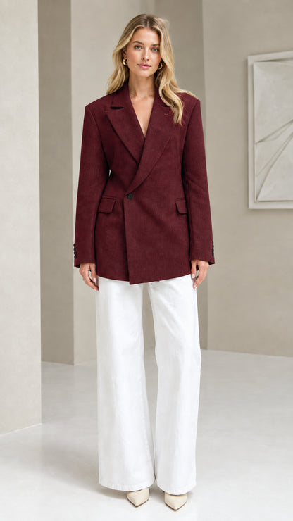 Burgundy deep red tailored crossover blazer front view