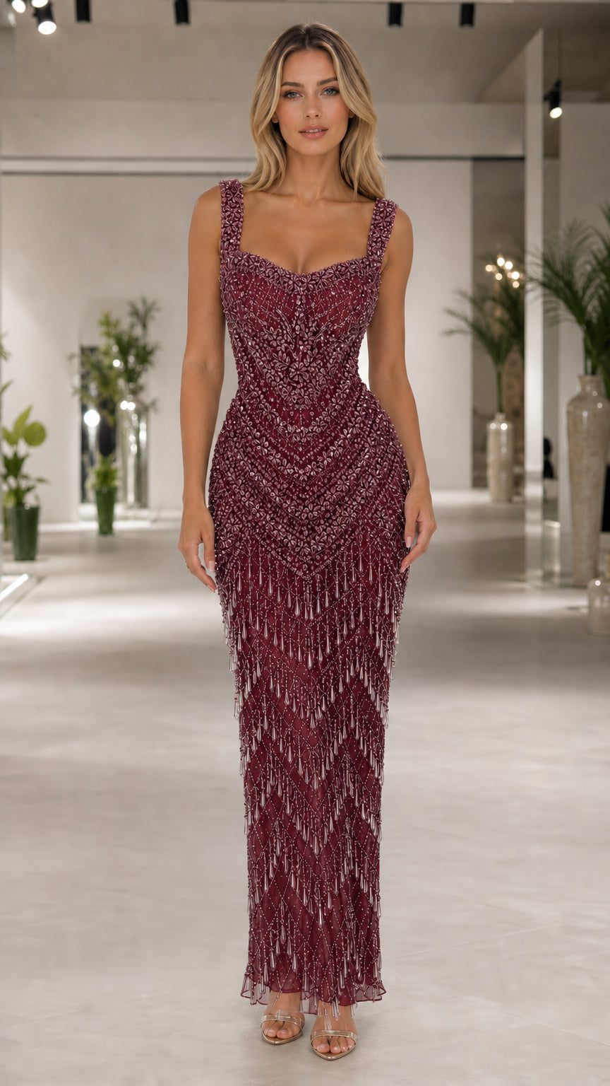 Front view of burgundy wine beaded fringe sleeveless evening maxi dress