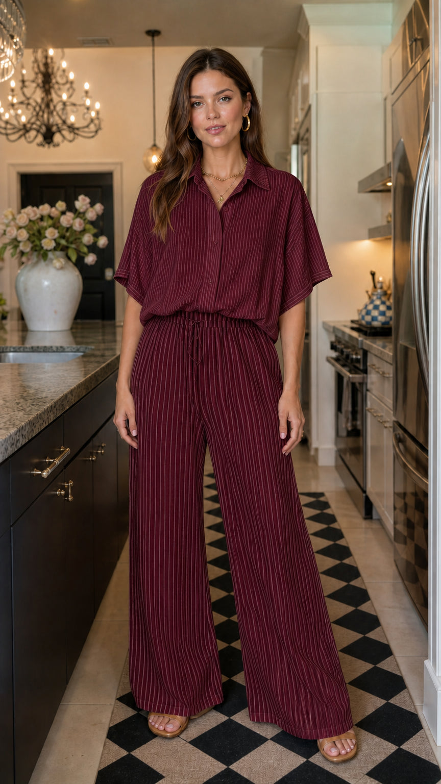 Woman wearing burgundy matching button down shirt and striped wide leg pants