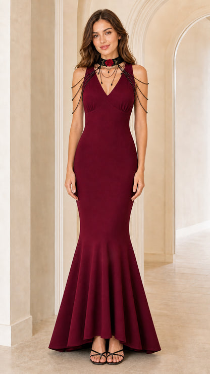 Burgundy wine red halter mermaid maxi formal dress with beaded accents