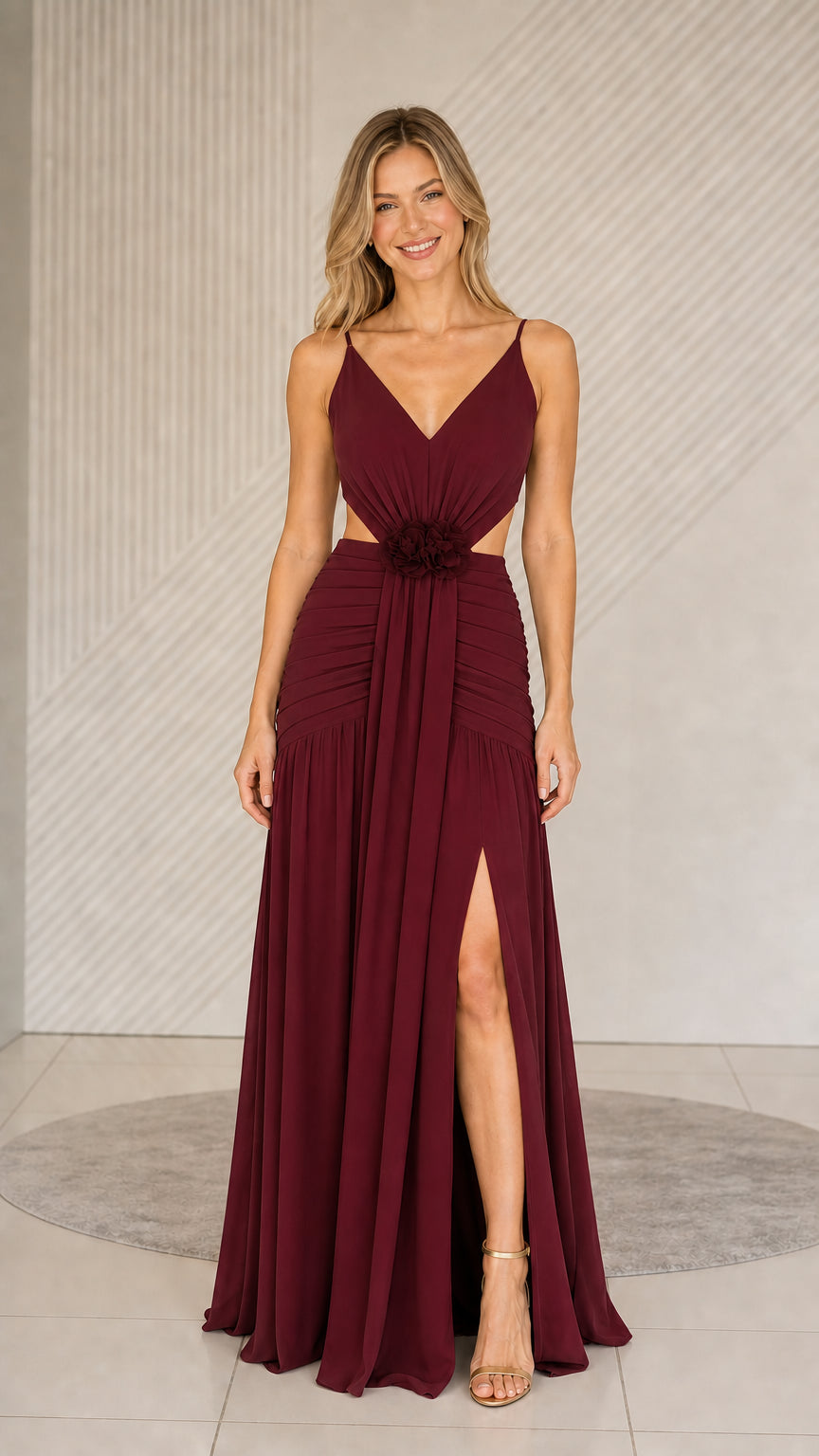 Burgundy formal cutout maxi dress front view