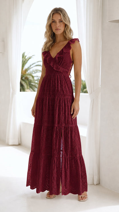 Front view of burgundy red eyelet lace tiered ruffle maxi dress
