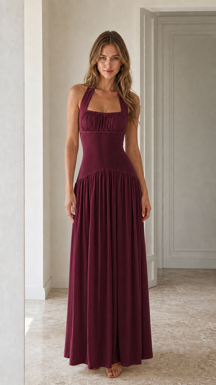 Front view of Burgundy halter neck maxi dress