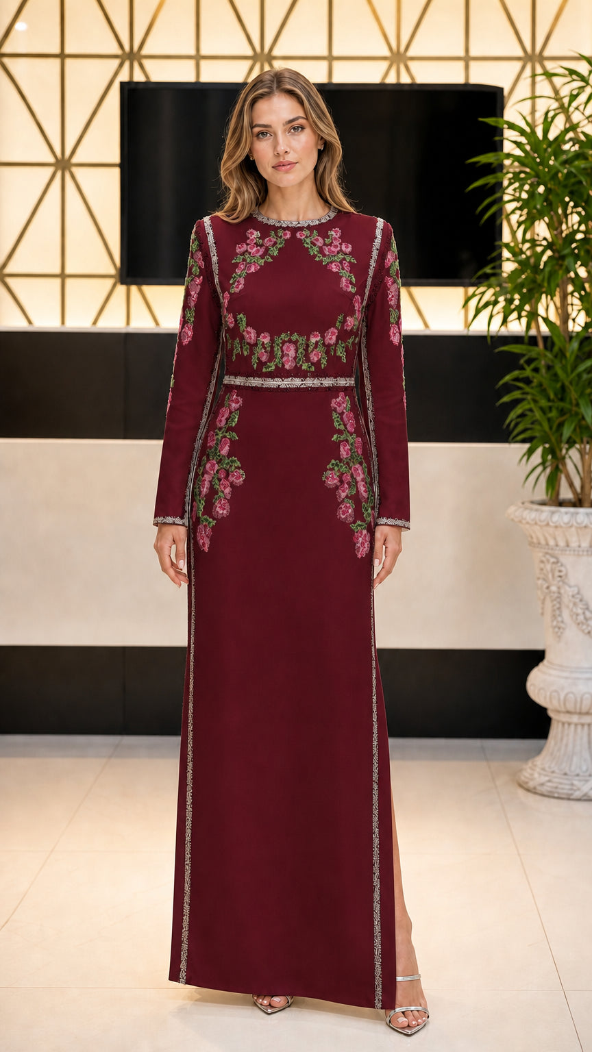 Front view of burgundy wine long sleeve formal maxi dress with floral beadwork