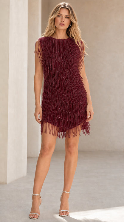 Front view of burgundy wine red beaded fringe cocktail mini dress