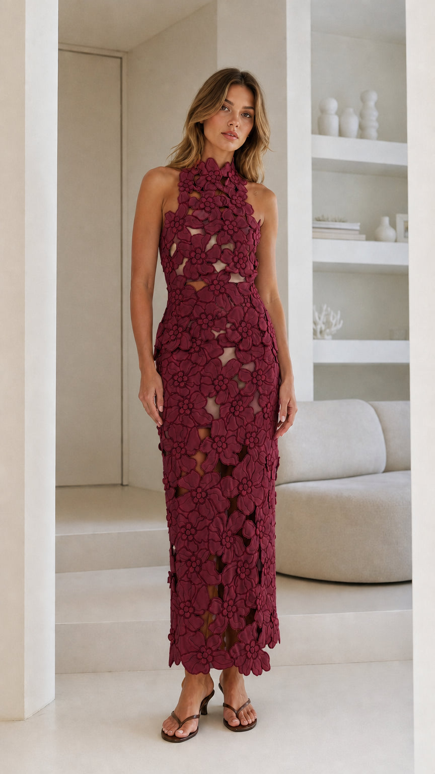 Front view of Burgundy floral laser-cut halter midi dress