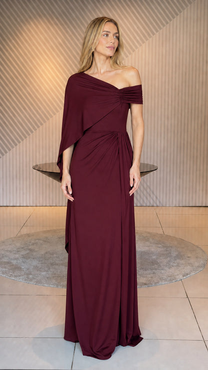 Burgundy one-shoulder evening maxi dress
