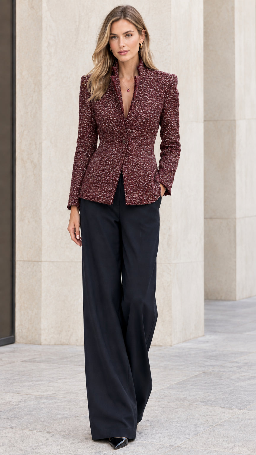 Full front view of model wearing rich burgundy tweed stand collar blazer with black trousers