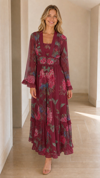 Full-length front view of burgundy wine floral long sleeve tiered maxi dress