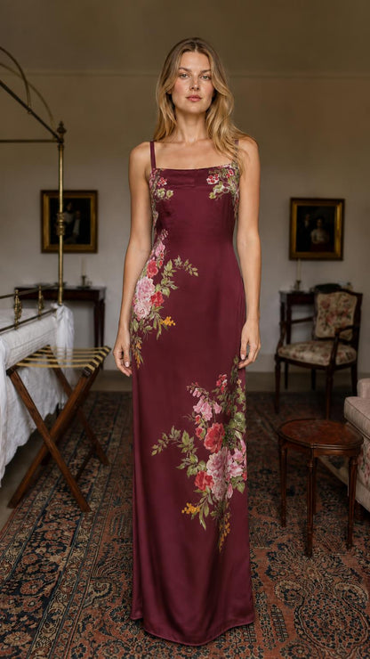 Model wearing burgundy floral satin maxi dress