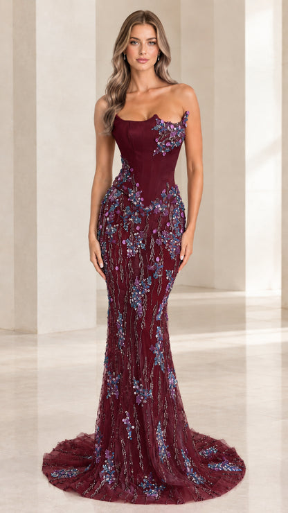 Burgundy wine strapless corset mermaid evening gown with sparkling floral embroidery