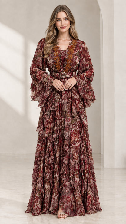 Front view of burgundy floral print tiered maxi gown