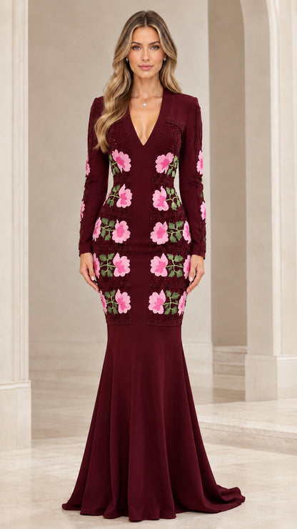 Front view of burgundy wine red long sleeve floral applique mermaid evening gown