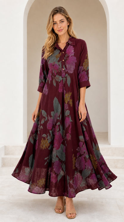 Front view of model wearing Burgundy floral collared maxi dress