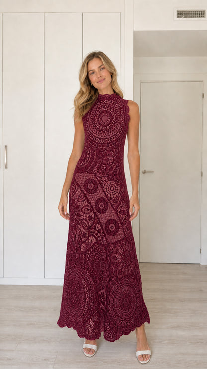 Front view of burgundy crochet lace maxi dress