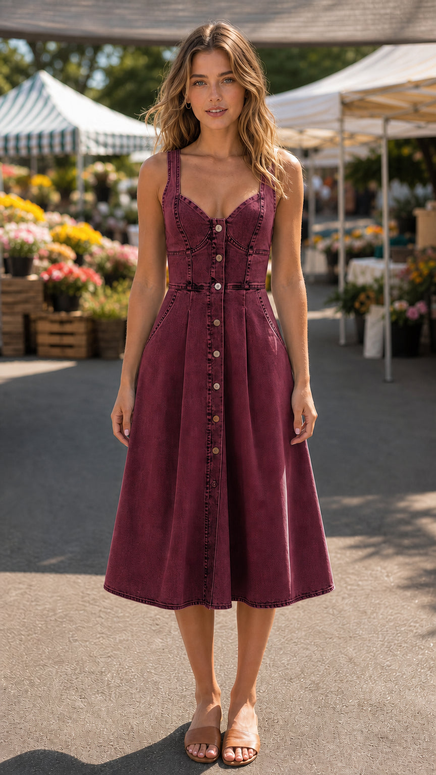 Burgundy denim midi dress on model