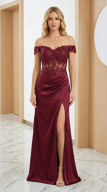 Front view of burgundy evening gown with high slit