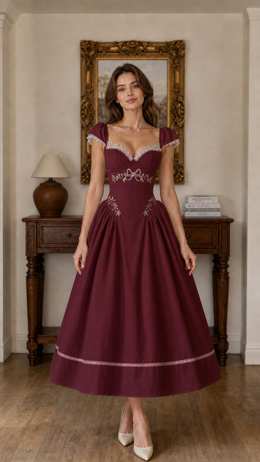 Front full view of Burgundy embroidered sweetheart midi dress