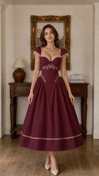 Front full view of Burgundy embroidered sweetheart midi dress