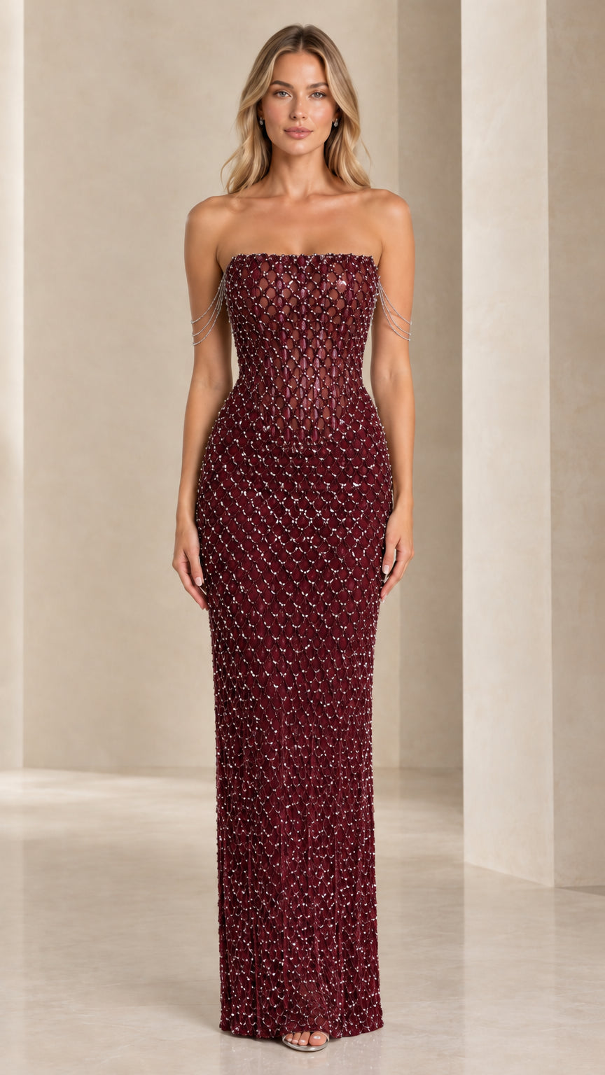 Front view of model wearing Burgundy strapless beaded corset evening dress