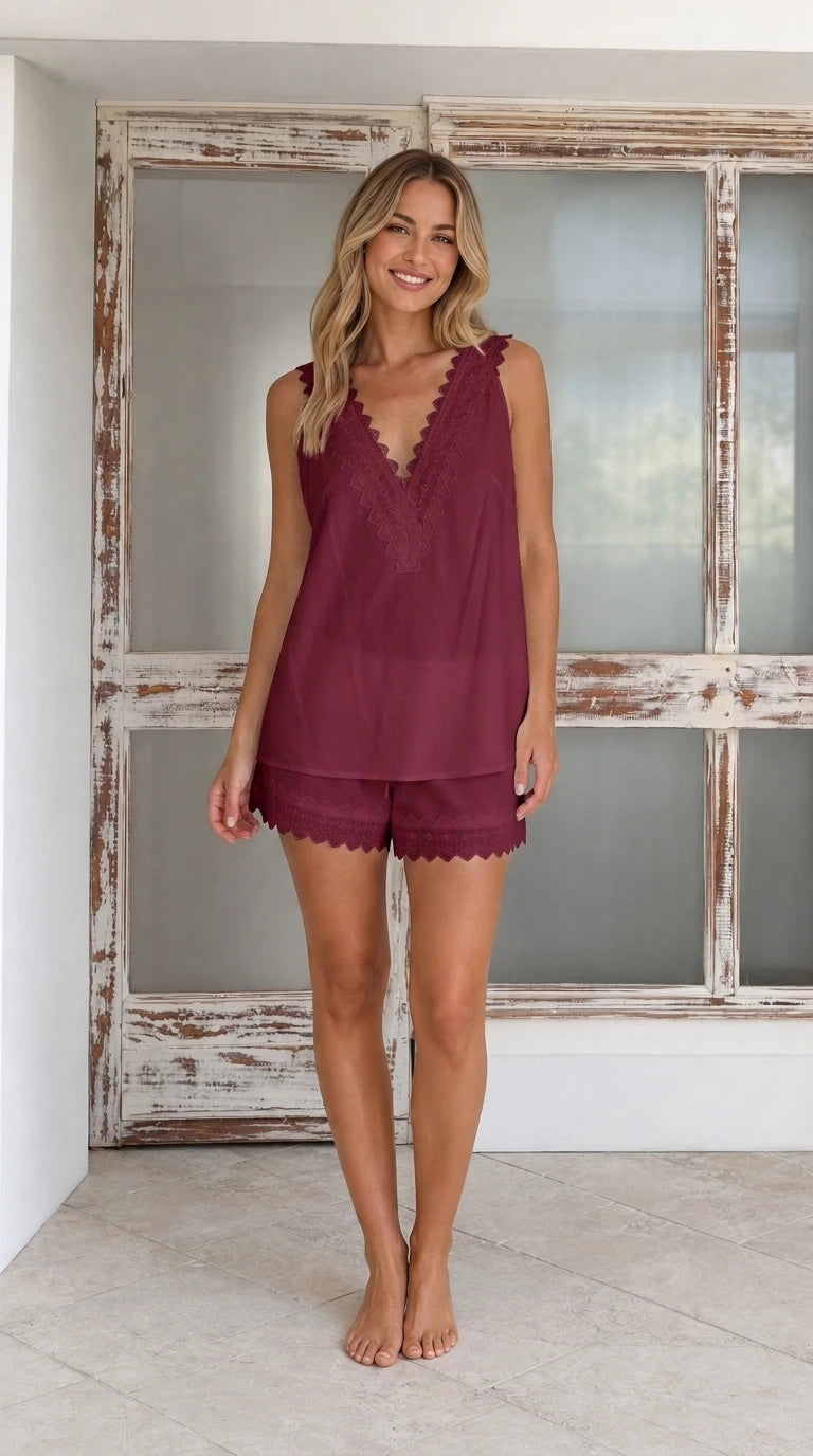Woman wearing burgundy lounge set