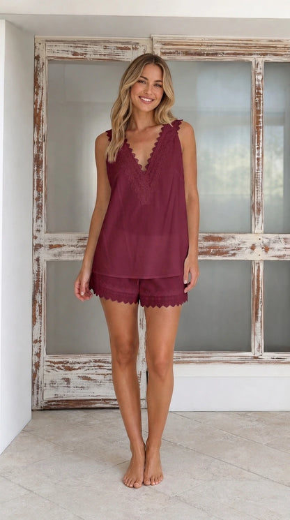 Woman wearing burgundy lounge set