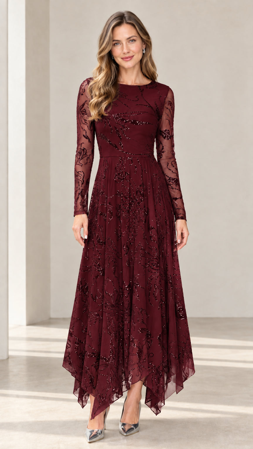 Front view of burgundy red sequin embroidered long sleeve evening gown