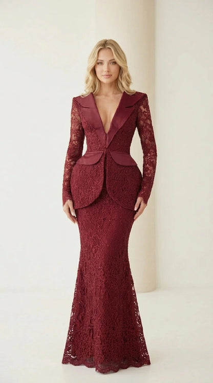 Full view of the burgundy lace evening gown with satin lapels