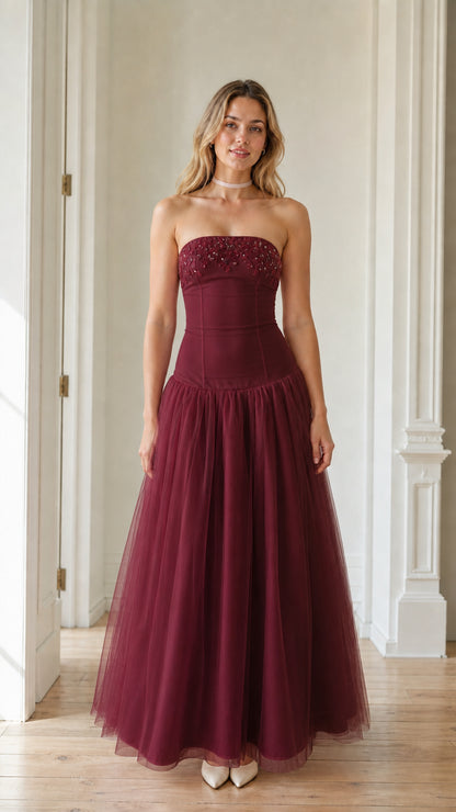 Front view of the burgundy color variant of the tulle maxi dress
