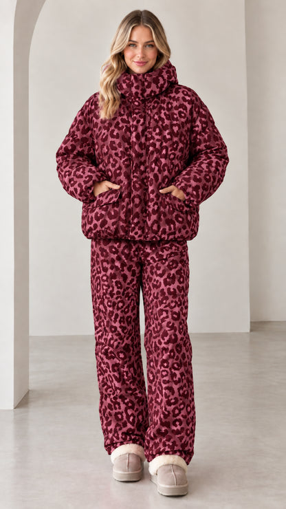 Full front view of model wearing burgundy red leopard print puffer set