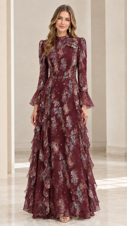 Front view of model wearing burgundy floral long sleeve formal maxi dress