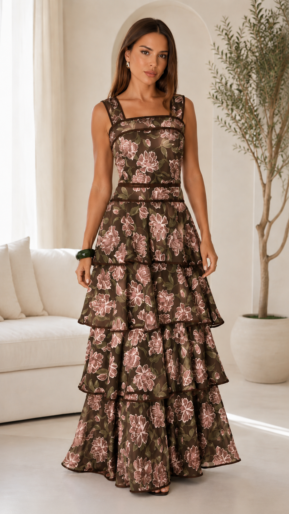 Front view of olive floral square neck tiered maxi dress