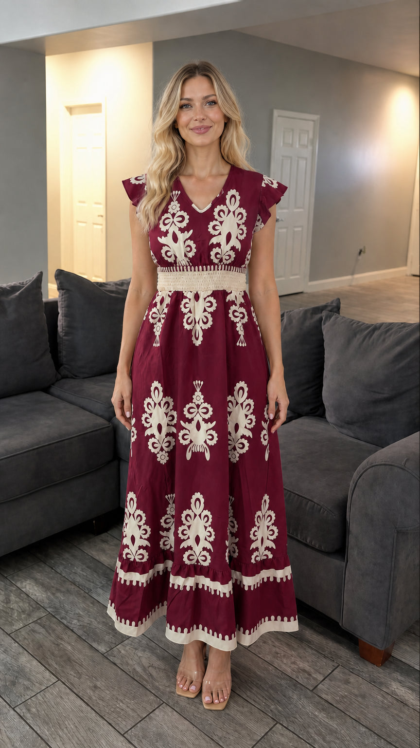 Front view of burgundy boho maxi dress